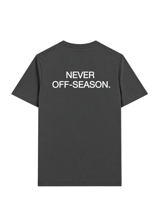 NEVER OFF-SEASON. TEE CHARCOAL